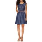 Alyx Short Sleeve Pleat Neck Belted Fit & Flare Dress-petites