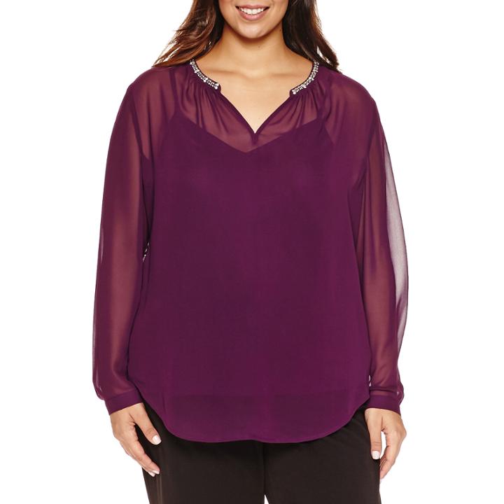 Liz Claiborne Long Sleeve Crew Neck Woven Blouse-plus