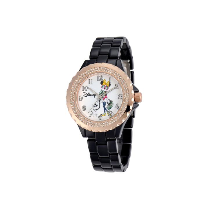 Disney Minnie Mouse Womens Black & Rose-tone Watch With Crystals