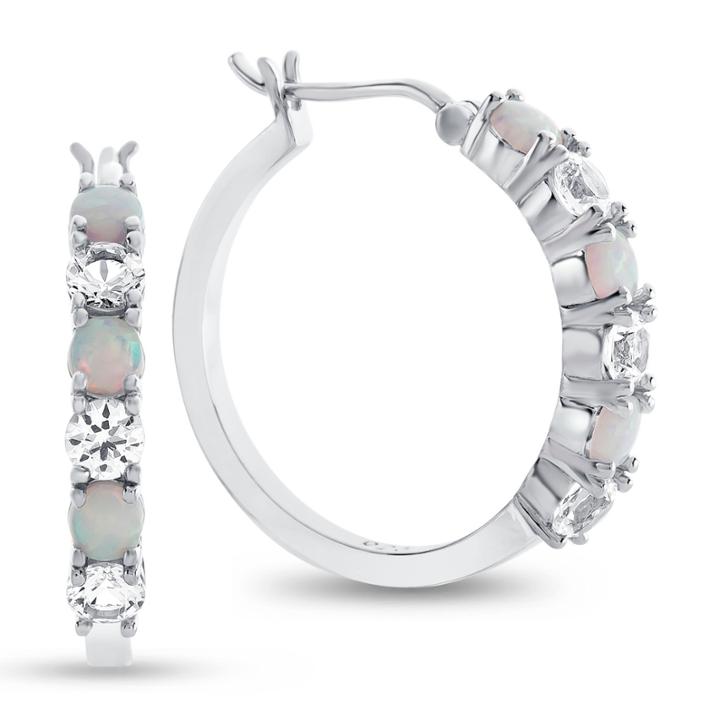 Lab Created Opal And White Sapphire Sterling Silver Hoop Earrings