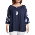 3/4 Bell Sleeve Embroidered Peasant Top - Plus