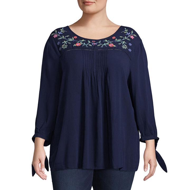 St. John's Bay 3/4 Sleeve Embroidered Yoke Blouse - Plus