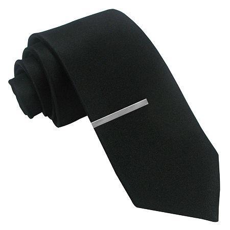 Jf J. Ferrar Black Satin Tie And Tie Bar Set - Slim