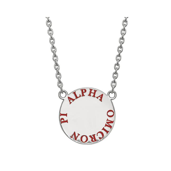 Alpha Omicron Pi Enamel Sterling Silver Disc Pendant Necklace
