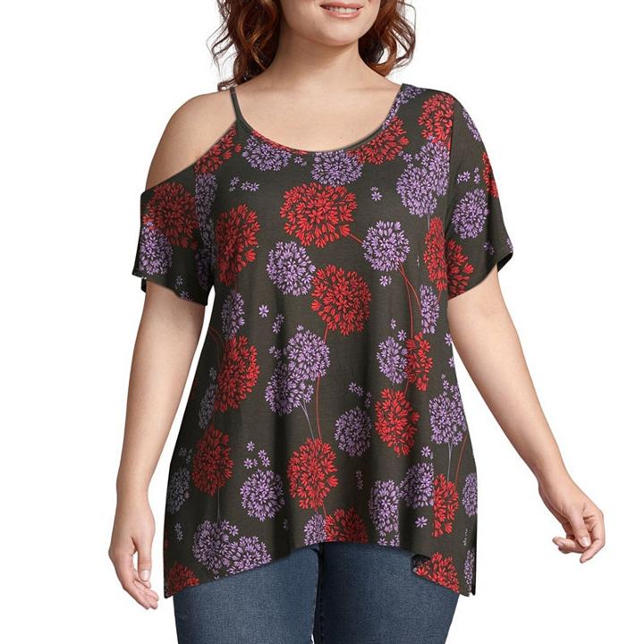 A.n.a Floral Cutout Shoulder Tee - Plus