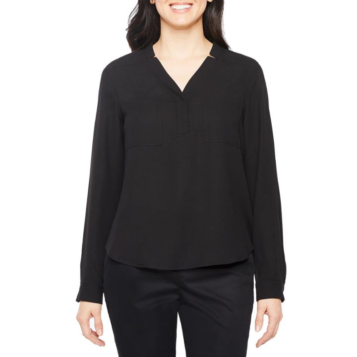 Black Label By Evan-picone Long Sleeve V Neck Crepe Blouse