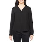 Black Label By Evan-picone Long Sleeve V Neck Crepe Blouse