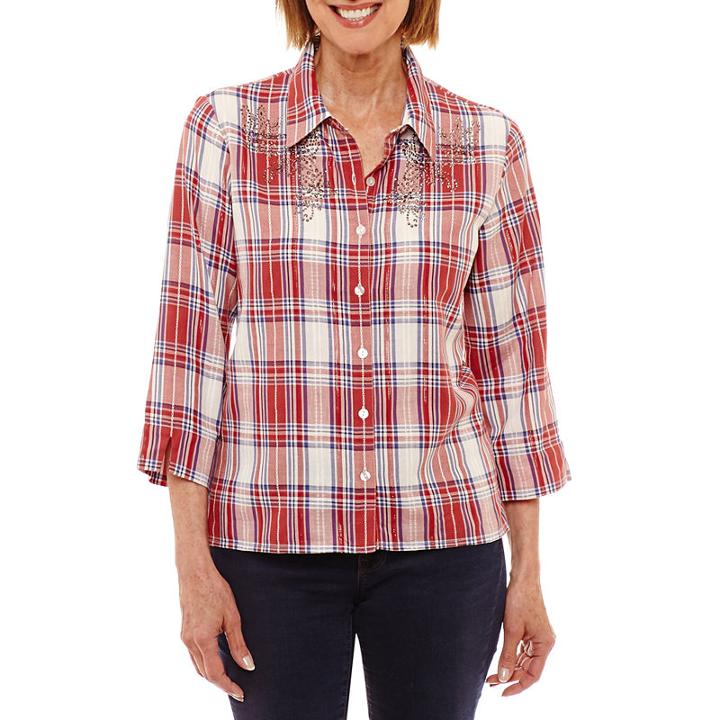 Alfred Dunner Gypsy Moon 3/4 Sleeve Button-front Shirt-petites