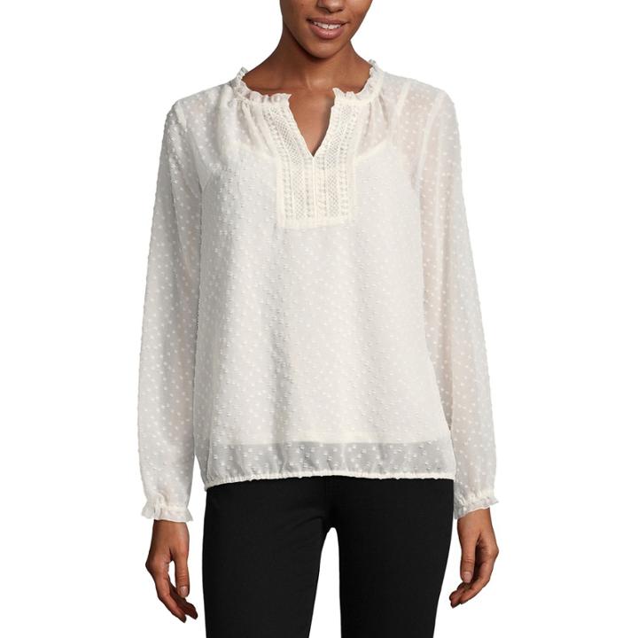 Liz Claiborne Long Sleeve Ruffle Neck Clip Dot Peasant Top