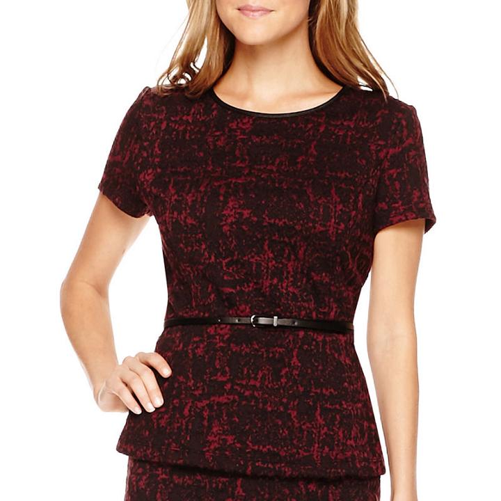 Liz Claiborne Short-sleeve Belted Textured Peplum Top