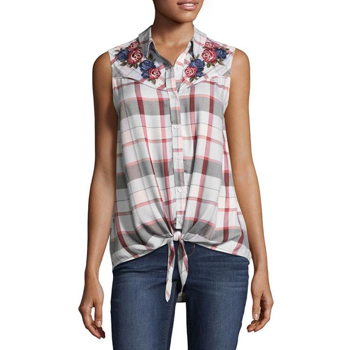 Como Blu Sleeveless Collar Neck Woven Embroidered Blouse
