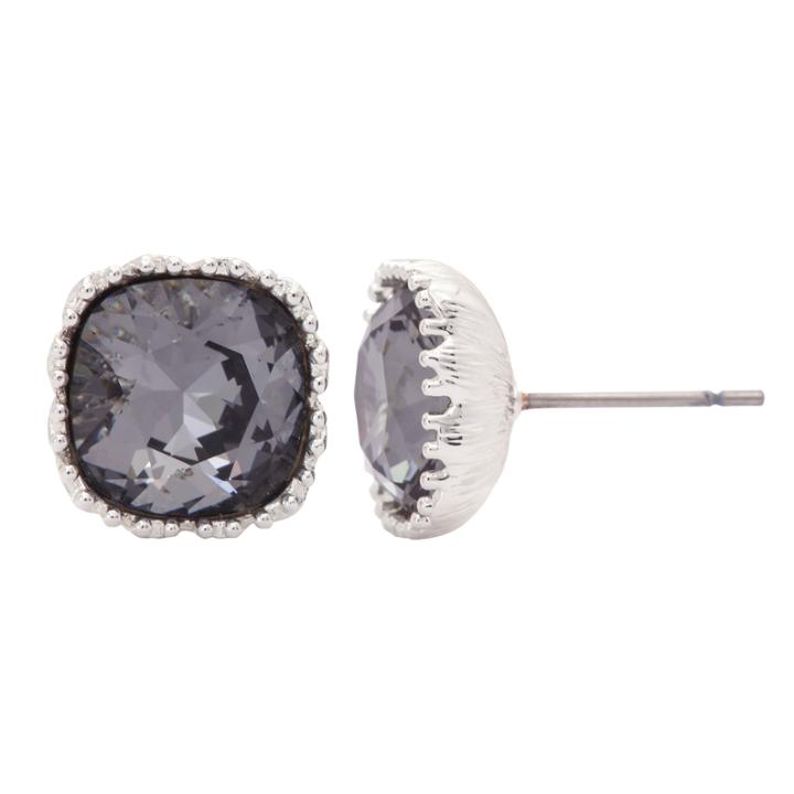 City Rocks Swarvorski Cushion Gray Brass Silver Over Brass Stud Earrings