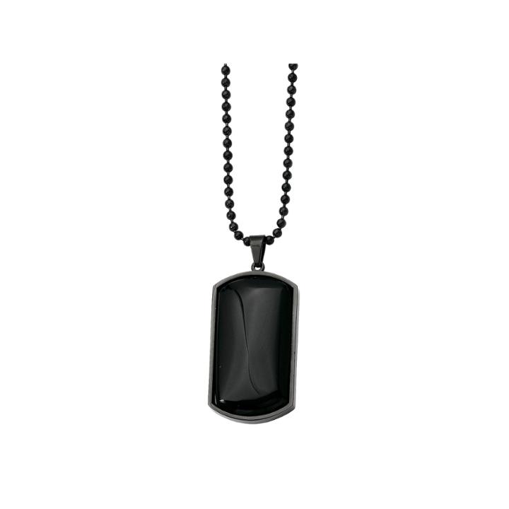 Mens Black Agate Stainless Steel Dog Tag Pendant