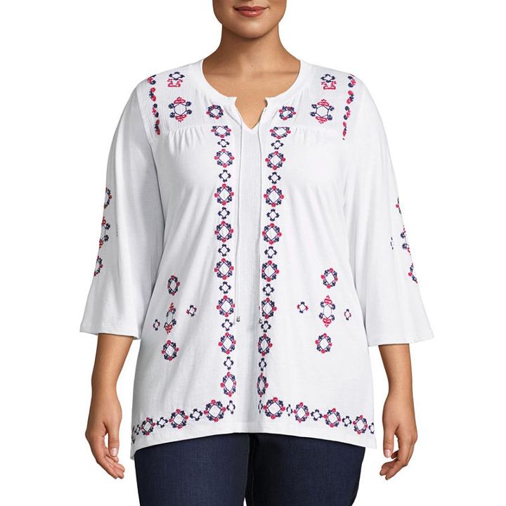 Elbow Sleeve Embroidered Peasant Blouse - Plus