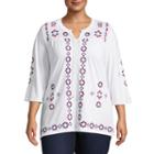 Elbow Sleeve Embroidered Peasant Blouse - Plus