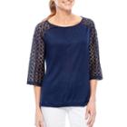Sag Harbor Lace And Stripes 3/4 Sleeve Crew Neck T-shirt-womens