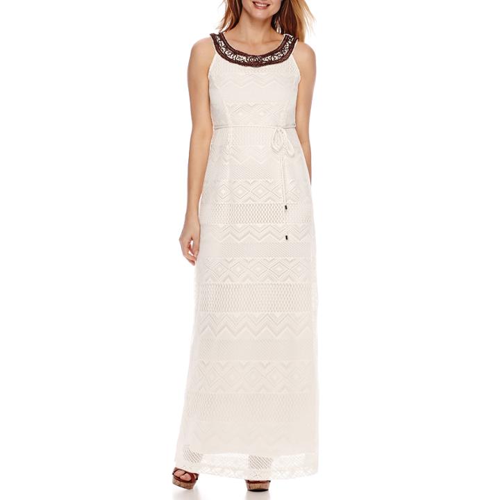 Studio 1 Sleeveless Beaded Neck Belted Crochet Maxi Dress