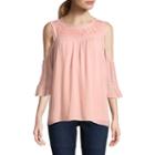 St. John's Bay Elbow Sleeve Round Neck Eyelet Embellished Blouse