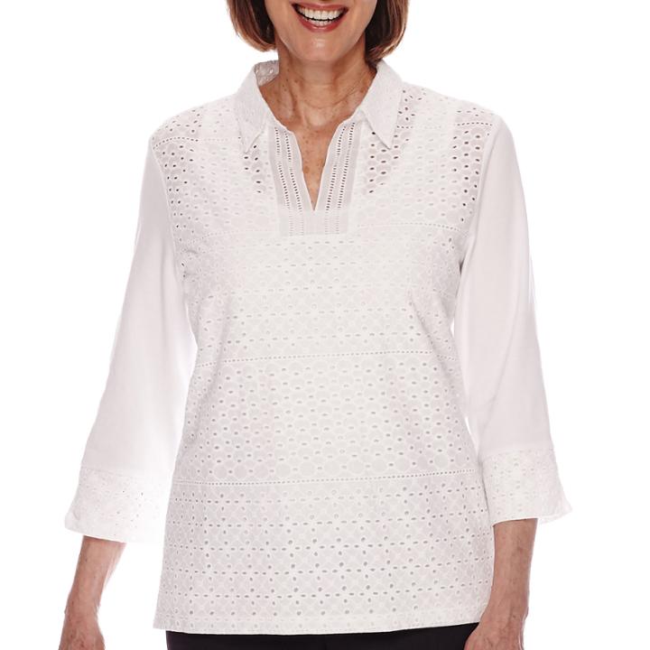 Alfred Dunner 3/4-sleeve Eyelet Lace Front Top - Petite
