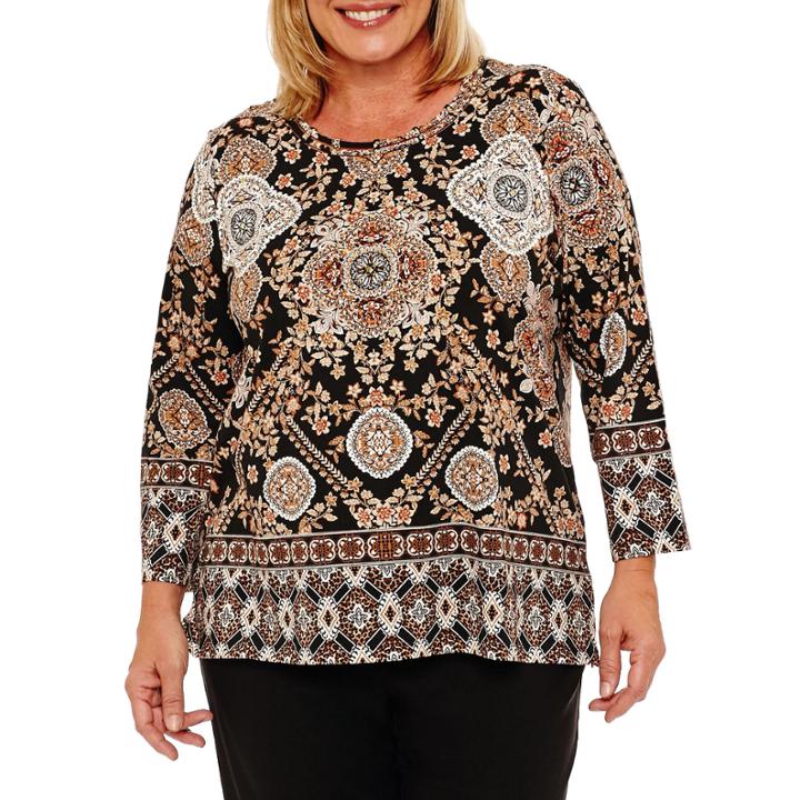 Alfred Dunner Jungle Habitat 3/4 Sleeve Medallion Border T-shirt-womens Plus