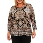 Alfred Dunner Jungle Habitat 3/4 Sleeve Medallion Border T-shirt-womens Plus