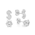 Steeltime 2 Pair White Cubic Zirconia Stainless Steel Earring Sets