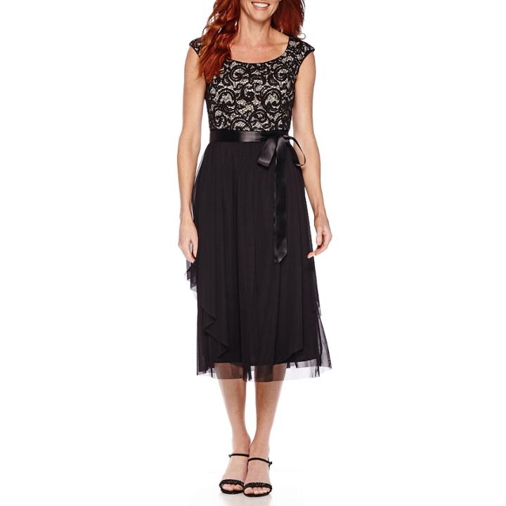 R & M Richards Sleeveless Lace-bodice Formal Midi Dress