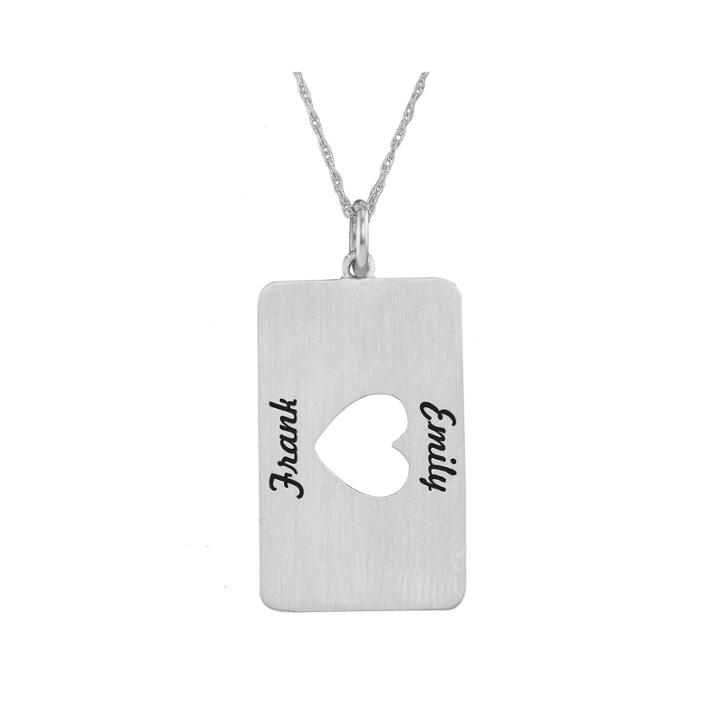Personalized 14k White Gold Rectangular Heart Cutout Pendant Necklace