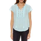 Liz Claiborne Embellished Short Flutter Sleeve Peasant Top Petites
