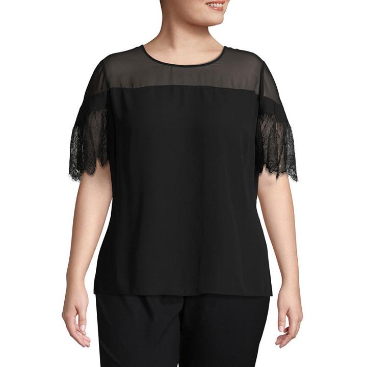 Worthington Sheer Yoke Lace Blouse - Plus