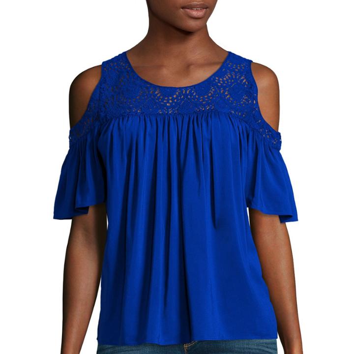 Stylus™ Short-sleeve Cold Shoulder Lace Yoke Peasant Top - Tall