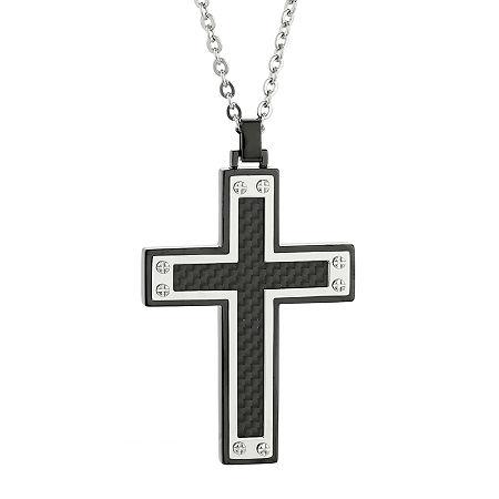Mens Stainless Steel & Black Ip W/carbon Fiber Inlay Cross Pendant Necklace