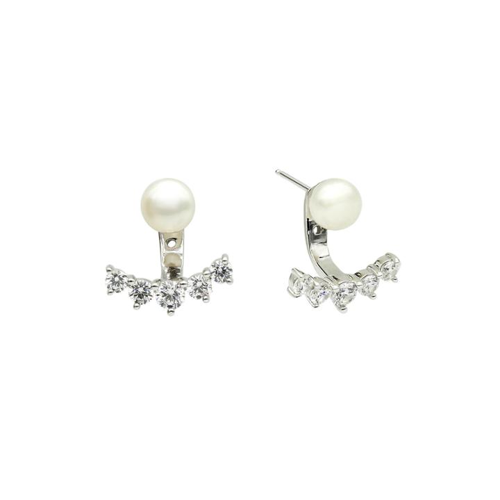 Diamonart Cultured Freshwater Pearl And Cubic Zirconia Sterling Silver Drop Jacket Earrings