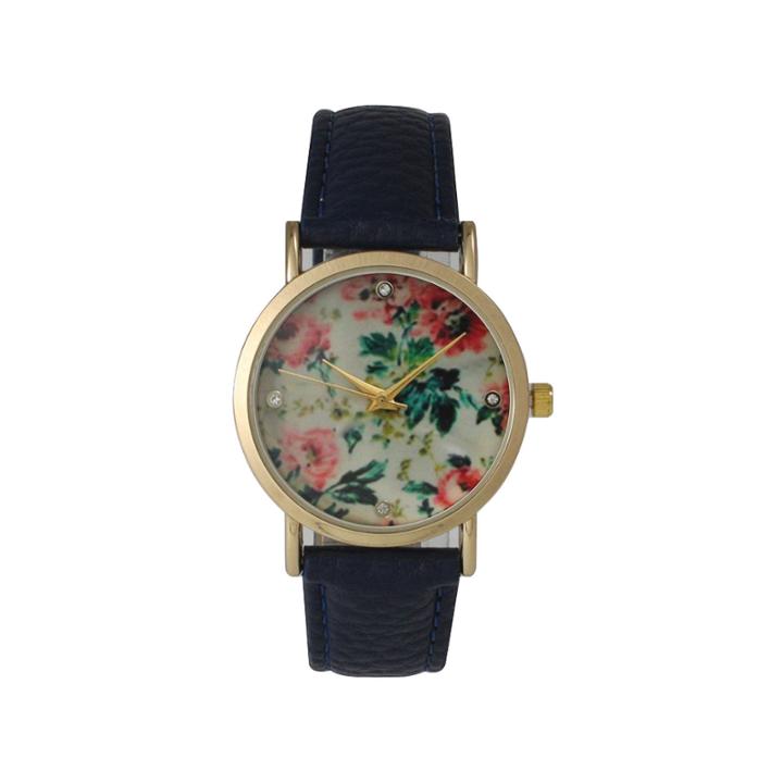 Olivia Pratt Womens Floral Rhinestone Accent Dial Navy Leather Watch 14977
