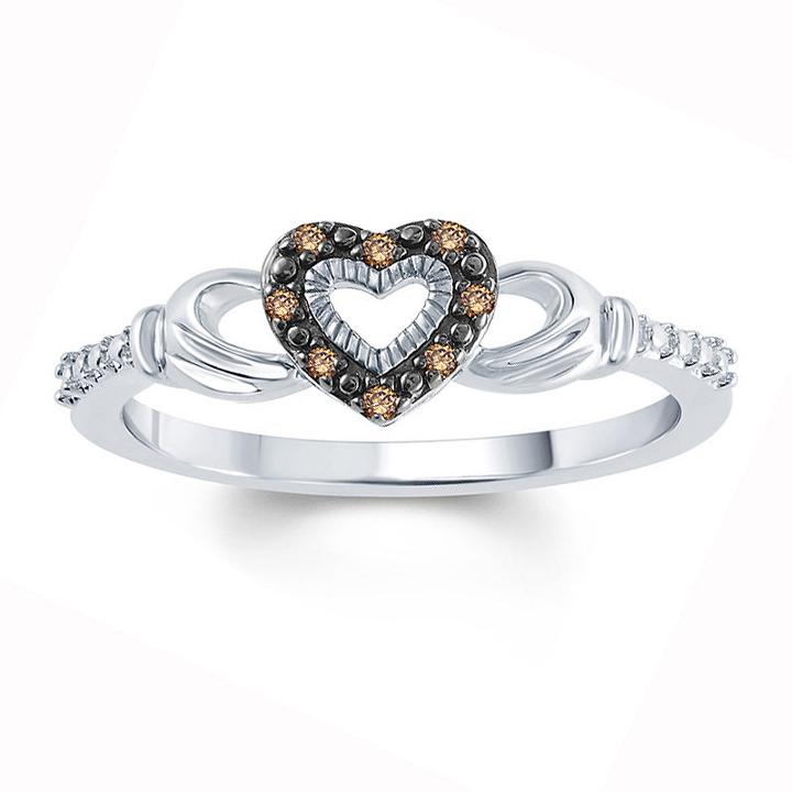 Womens Diamond Accent Champagne Diamond Sterling Silver Side Stone Ring