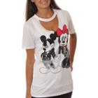 Mickey Mouse Juniors' Leather Jackets And Holdinghands Cutout V-neck Short Sleeve Graphic T-shirt