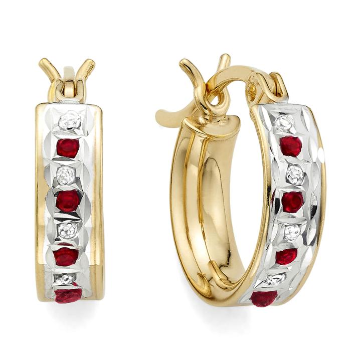 Lead Glass-filled Ruby & Diamond Accent 18k Gold Over Silver Hoop Earrings