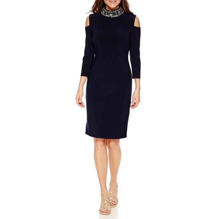Blu Sage 3/4 Sleeve Beaded Sheath Dress-petites