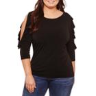 Bisou Bisou 3/4 Cold Shoulder Ruffle Sleeve Knit Blouse-plus