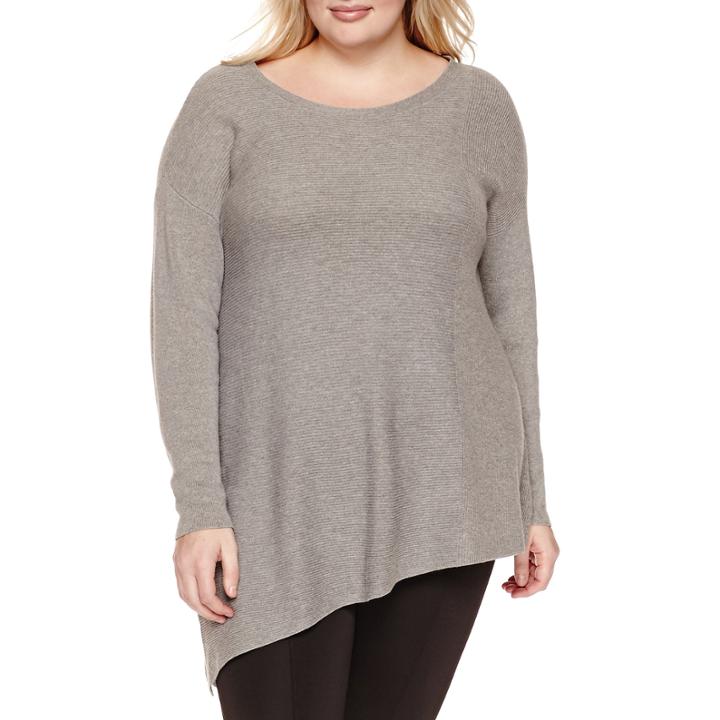 Worthington Long Sleeve Asymmetrical Hem Pullover Sweater - Plus
