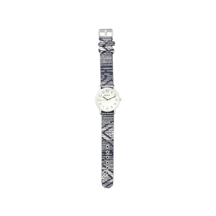 Olivia Pratt Womens Silver-tone Faux Mop Dial Navy-white Patterned Fabric Strap Watch 10352tr