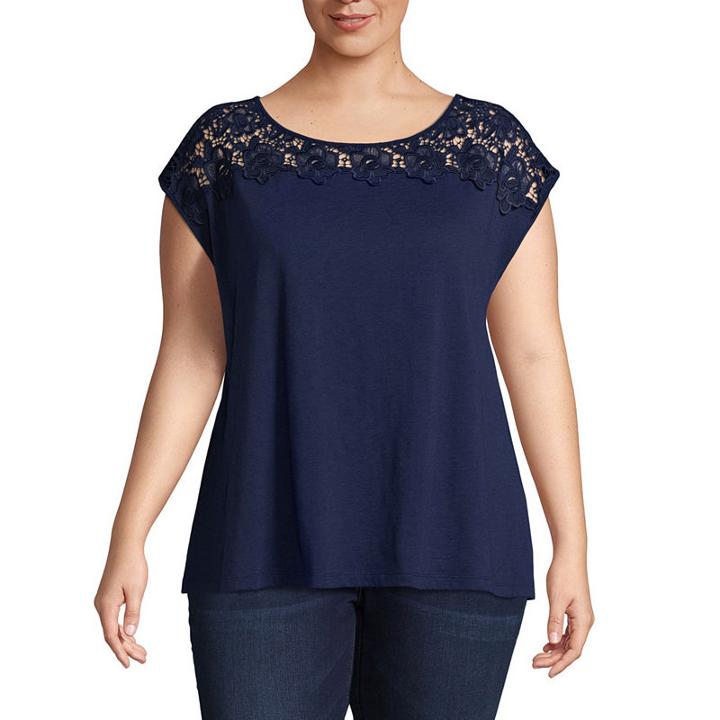 St. John's Bay Cap Sleeve Lace Yoke Tee - Plus