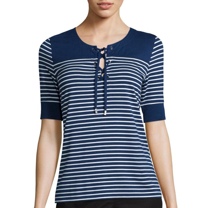 Liz Claiborne Elbow-sleeve Stripe Lace-up Knit Top