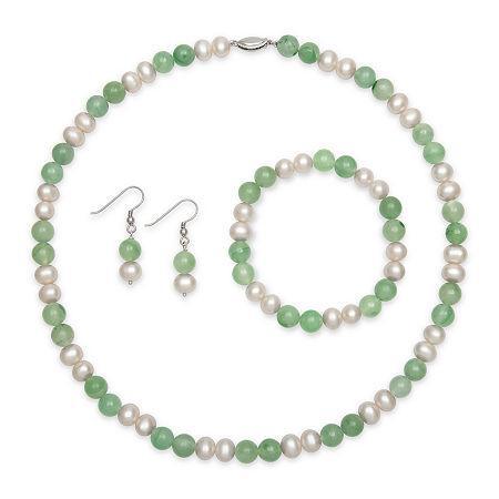Sterling Silver Cultured Freshwater Pearl & Dyed Green Jade 3-pc. Jewelry Set