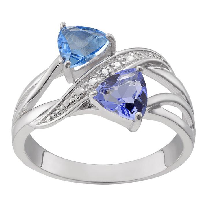 Personalized Sterling Silver Couples Trillion-cut Birthstone Ring With Diamon Accents
