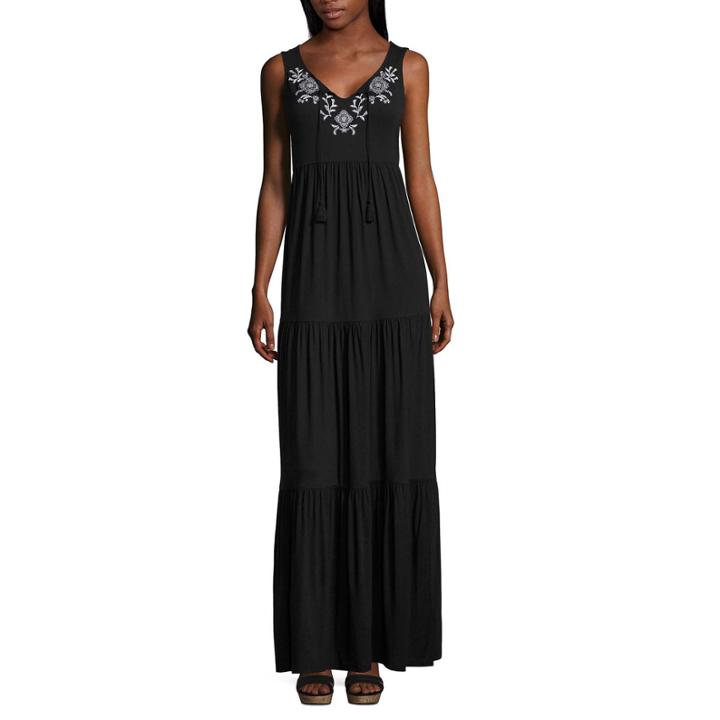 St. John's Bay Sleeveless Embroidered Tiered Maxi Dress-petites