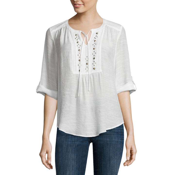 Liz Claiborne 3/4 Sleeve Y Neck Woven Blouse