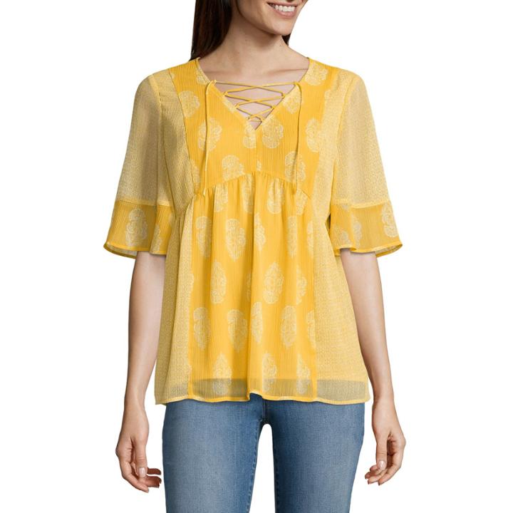 St. John's Bay Short Sleeve Y Neck Woven Floral Blouse
