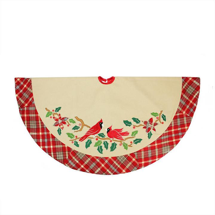 48 Country Cabin Embroidered Cardinal Birds Christmas Tree Skirt With Red Plaid Border
