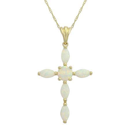 10k Yellow Gold Lab-created White Opal Cross Pendant Necklace